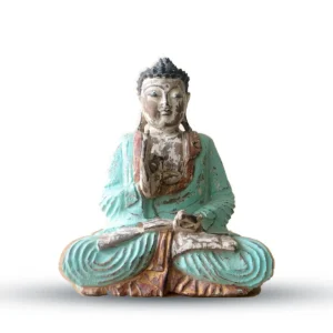 Vintage handgjuten Buddha-staty i mintfärgat suarträ sittande i meditationspose