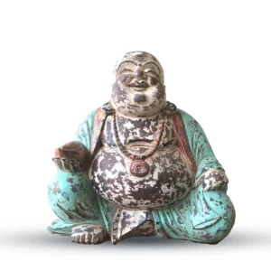 Vintage handgjuten Buddha-staty i suarträ med mintgrön färg och glad uttryck