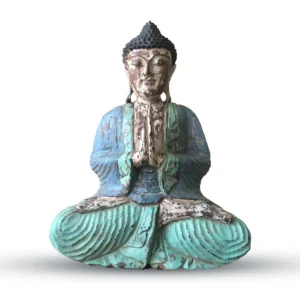 Vintage handskuren Buddha-staty i blått och mintgrönt trä sittande i meditationsställning