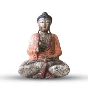 Vintage handskuren Buddha-staty i orange trä sittande i meditationspose