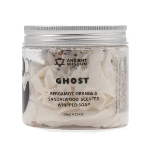 Burk med vispad tvål Ghost från Ancient Wisdom med doft av bergamott, apelsin och sandelträ
