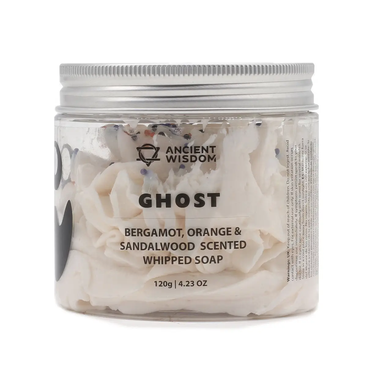Burk med vispad tvål Ghost från Ancient Wisdom med doft av bergamott, apelsin och sandelträ