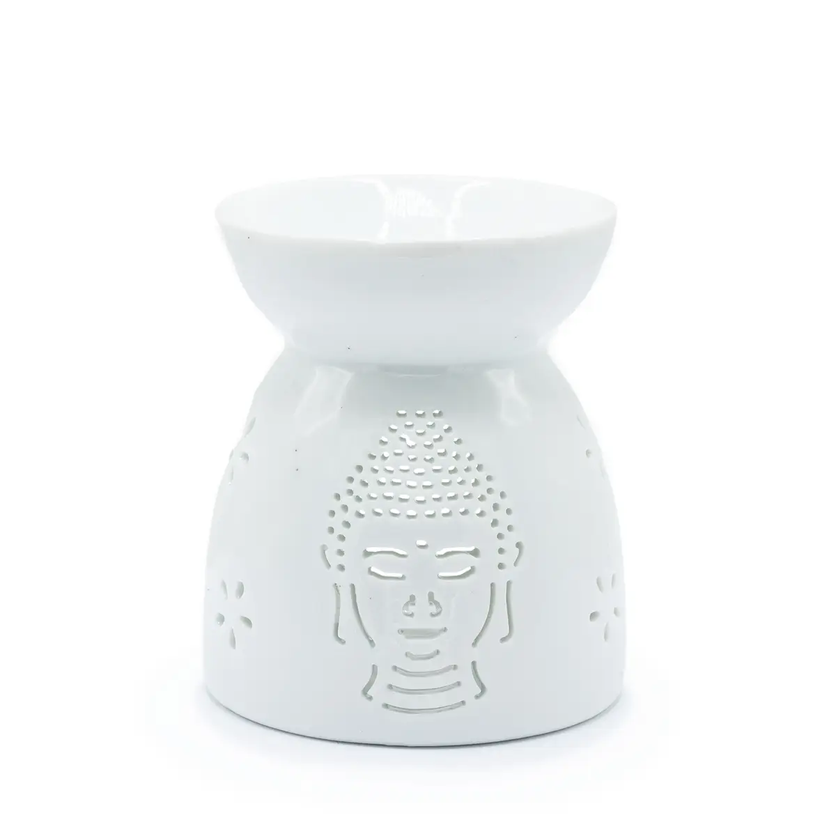 Vit oljebrännare med Buddha-motiv i keramik