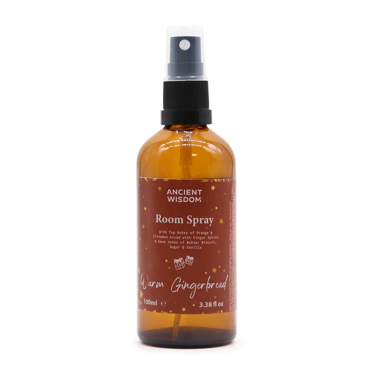 Flaska med Warm Gingerbread rum- och kuddspray med julig etikett