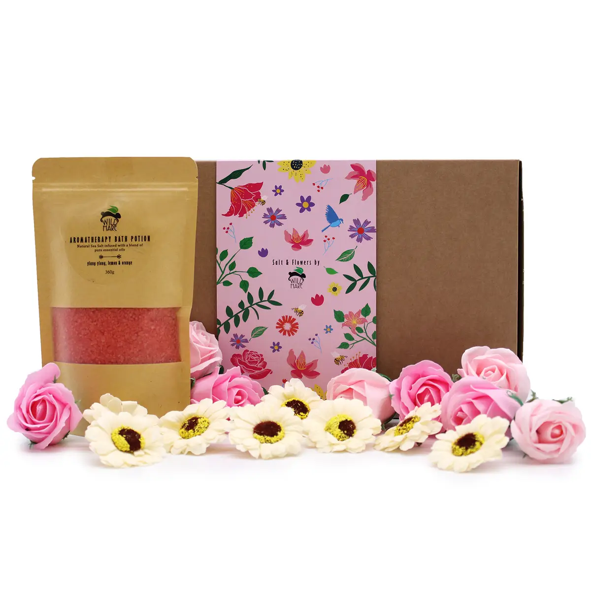 Presentförpackning med Wild Hare badsalt och tvålblommor i form av rosor och solrosor