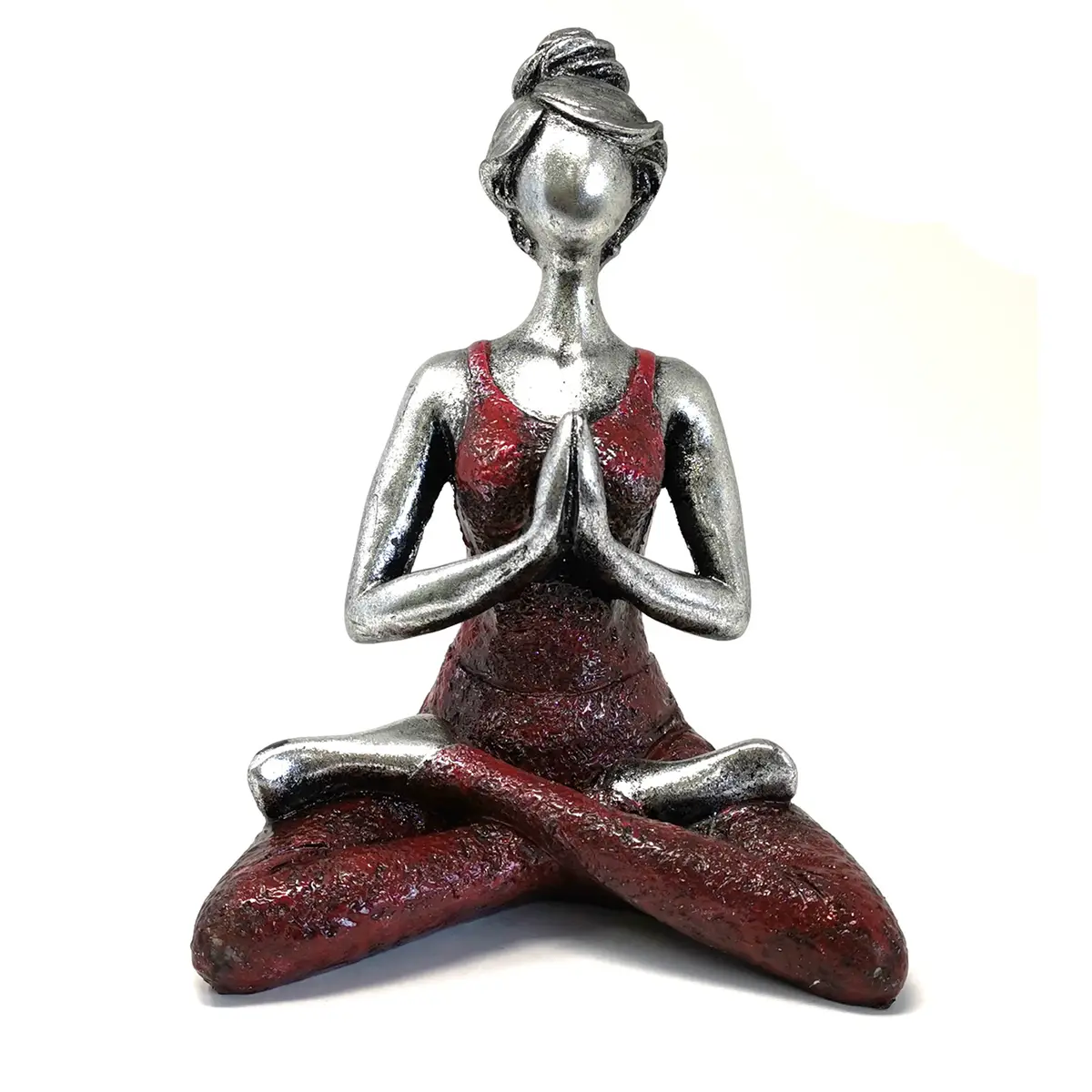 Handgjord yogafigur i dammodell i silver och bordeauxfärger sittande i yogaposition