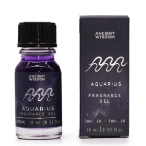 Flaska och förpackning för zodiakdoftolja Aquarius med lila doftolja och glitter