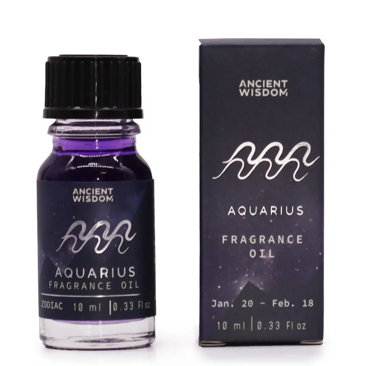 Flaska och förpackning för zodiakdoftolja Aquarius med lila doftolja och glitter