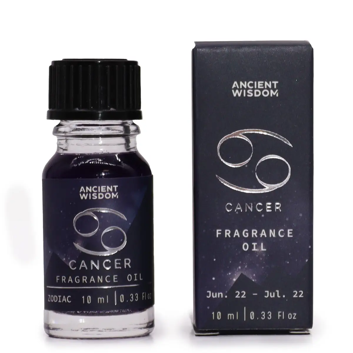 Flaska och förpackning för Zodiakdoftolja Cancer med lila etikett och glitter