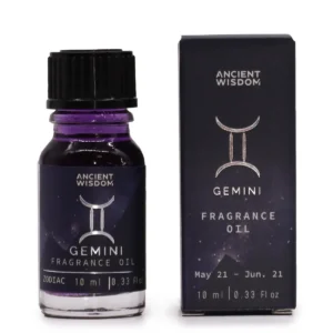 Flaska och förpackning med lila Zodiakdoftolja Gemini 10 ml