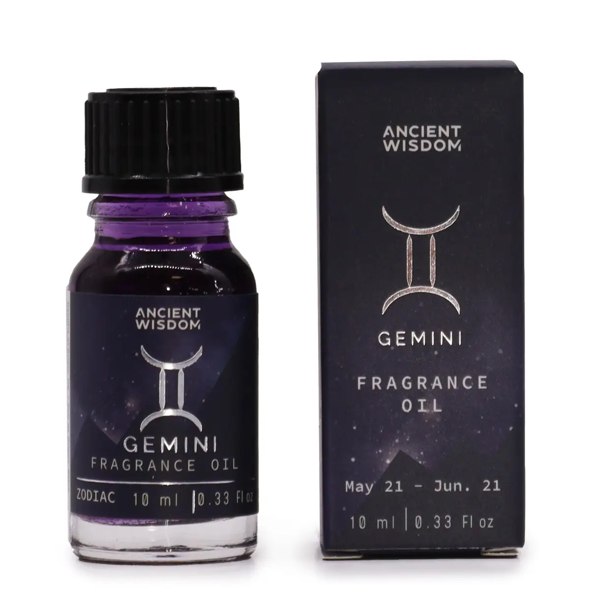 Flaska och förpackning med lila Zodiakdoftolja Gemini 10 ml