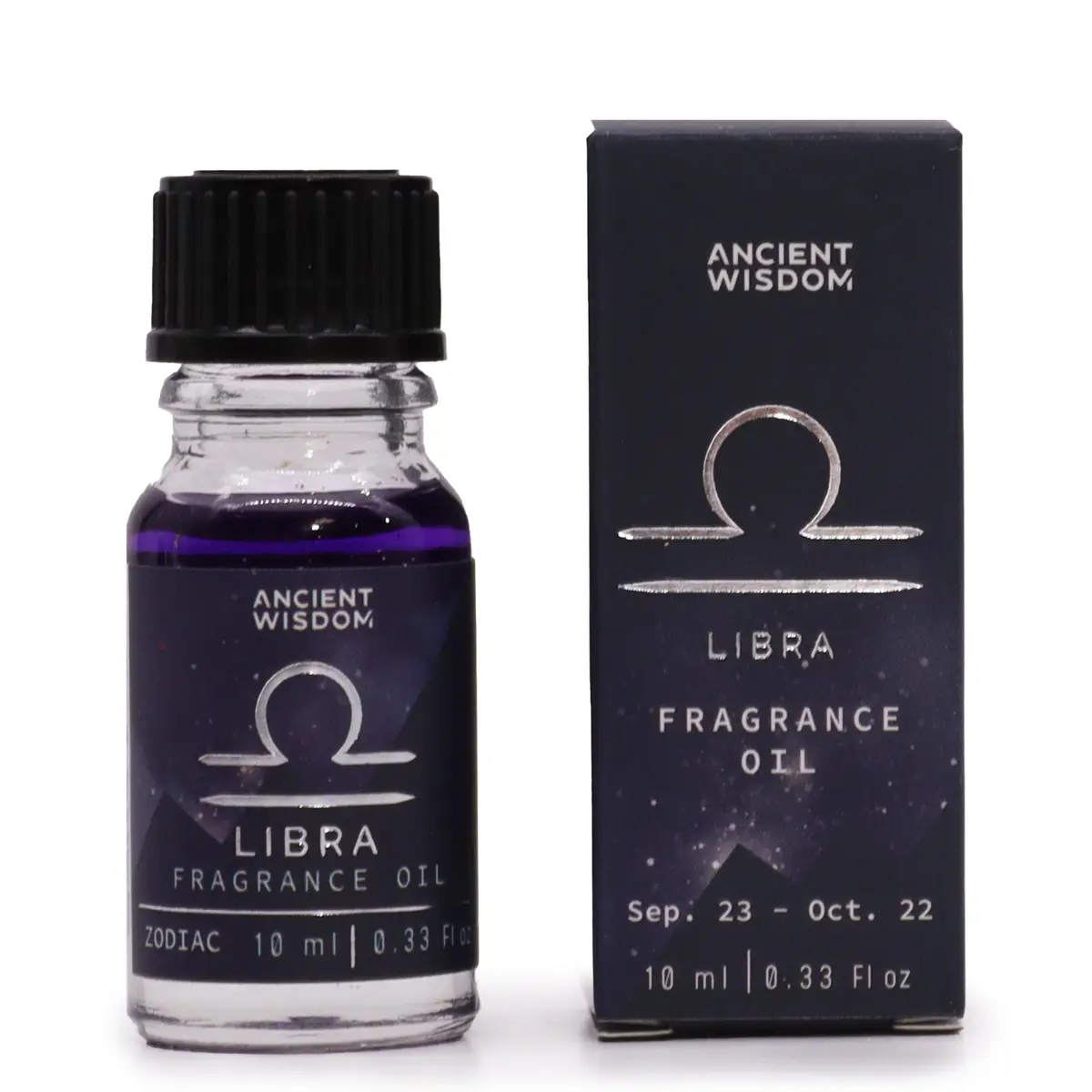 Flaska och förpackning med Zodiakdoftolja Libra i lila färg med glitter