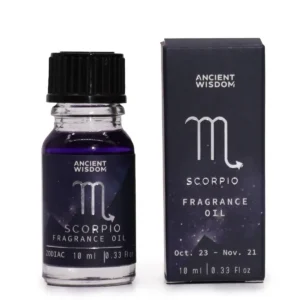 Flaska och förpackning för Zodiakdoftolja Scorpio 10 ml med lila glitter