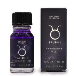 Flaska och förpackning för zodiakdoftolja Taurus i lila med stjärnteckensymbol