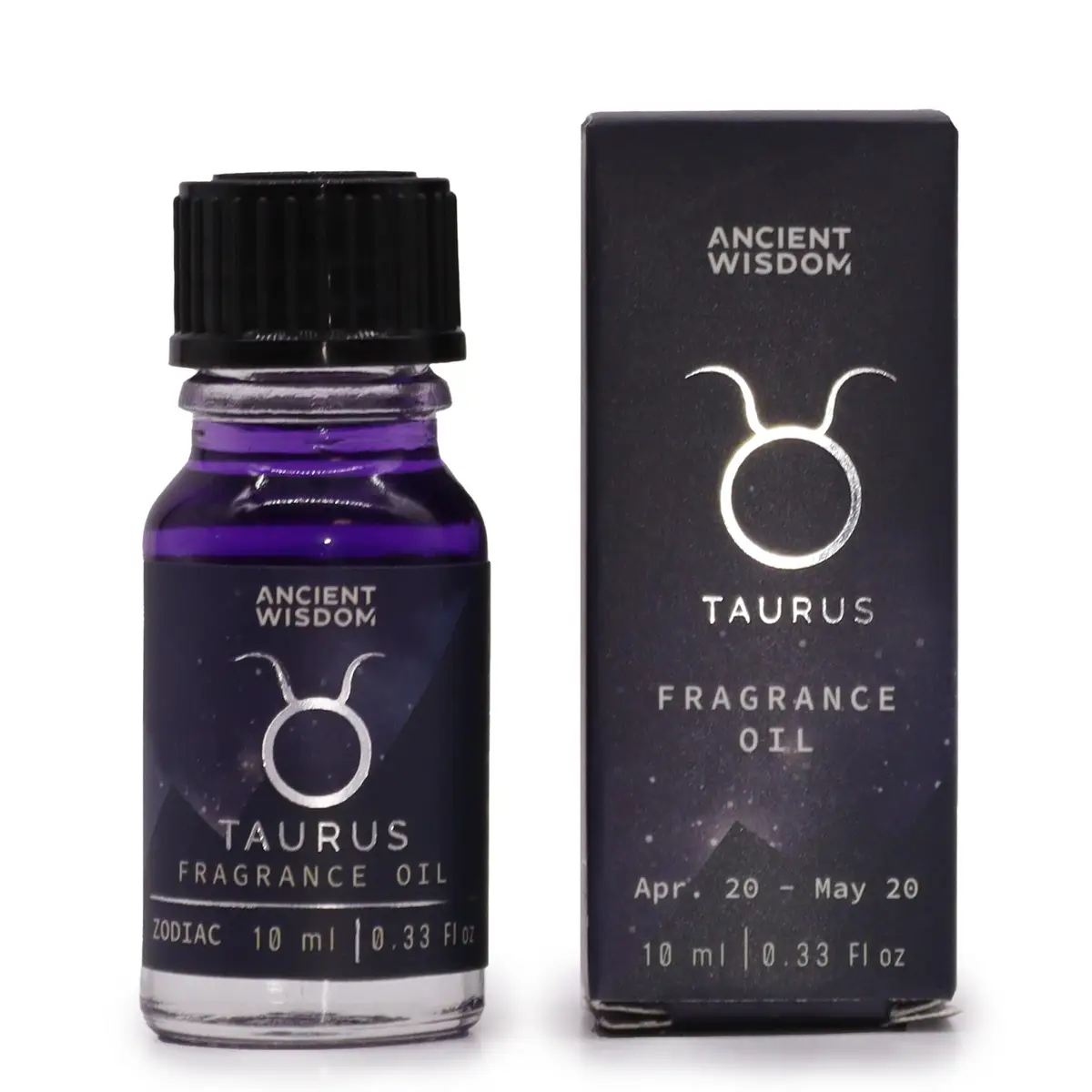Flaska och förpackning för zodiakdoftolja Taurus i lila med stjärnteckensymbol