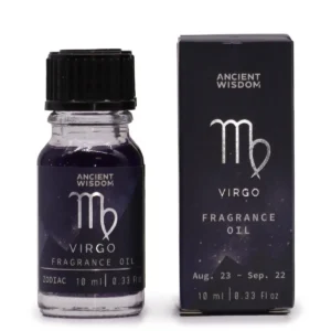 Flaska och förpackning för Virgo zodiakdoftolja med lila färg och glitter