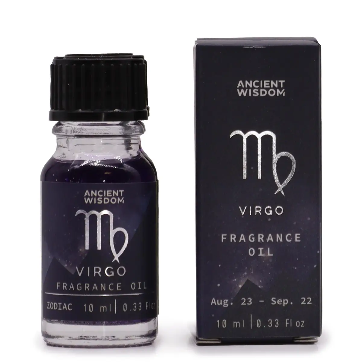 Flaska och förpackning för Virgo zodiakdoftolja med lila färg och glitter