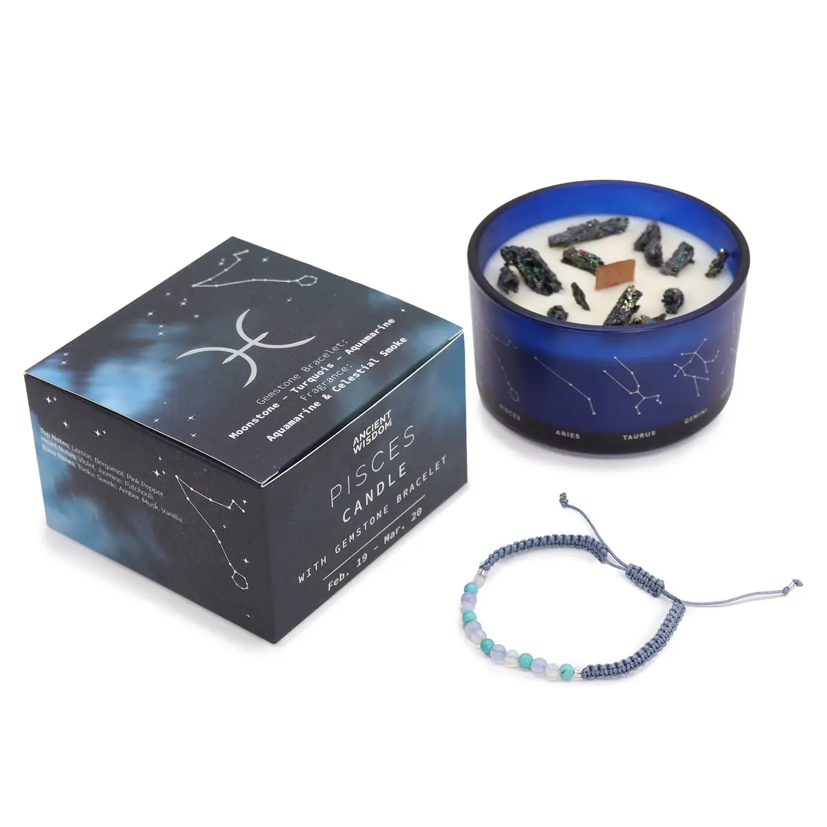 Zodiakljus i sojavax med kristall och ädelstensarmband för Fiskarna - produktbild 4