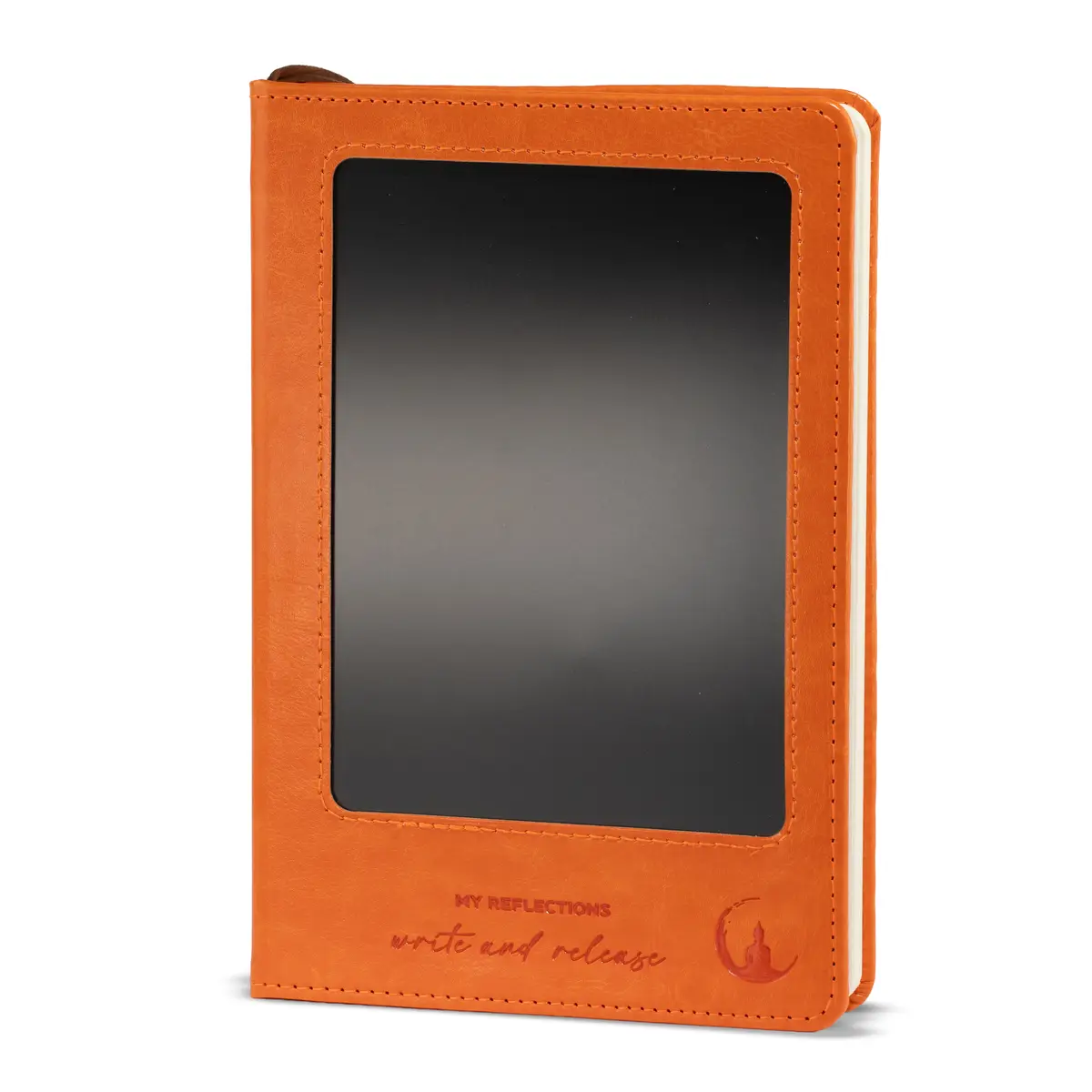 Orange anteckningsbok i A5-format med raderbar LCD-skärm på framsidan och läderimitation