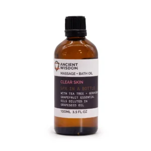 Flaska med Ancient Wisdom Clear Skin massage- och badolja 100 ml