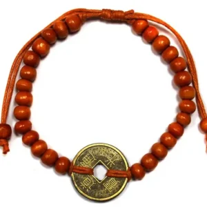 Orange Feng Shui-armband i trä med ett runt mynt i mitten