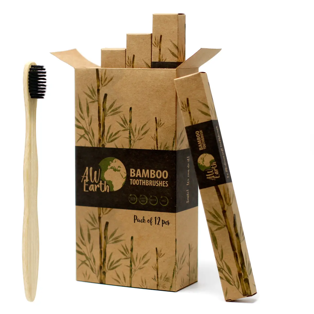 Bambutandborste med svart kolborst och förpackning i brunt papper med bambumotiv