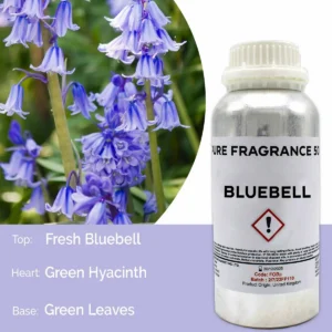 Flaska med Bluebell doftolja och blåklintblommor i bakgrunden