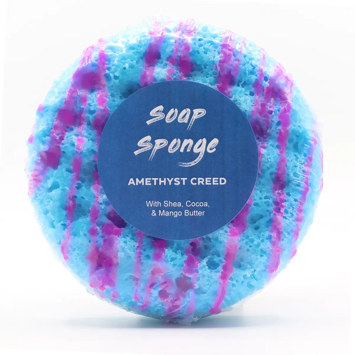 Färgglad Butter Bubble tvättsvamp med tvål Amethyst Creed i blått och lila