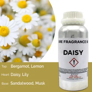 Aluminiumflaska med Daisy Pure doftolja 500 ml och prästkrageblommor i bakgrunden