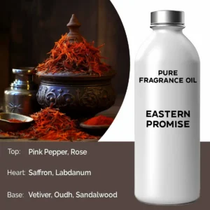 Flaska med ren doftolja Eastern Promise och kryddor som saffran och sandelträ