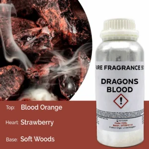 Flaska med Dragons Blood ren doftolja 500 ml och doftnoter blodapelsin, jordgubb och mjuka träslag