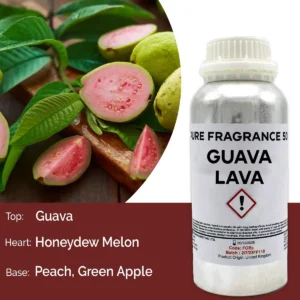 Flaska med Guava Lava ren doftolja 500 ml och guavafrukt med gröna blad