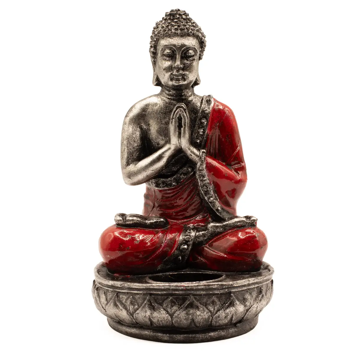 Handmålad Buddha-staty i resin med röd klädsel sittande i meditationsställning