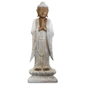 Vitlaserad handskuren Buddha-staty i trä med händer i bönställning