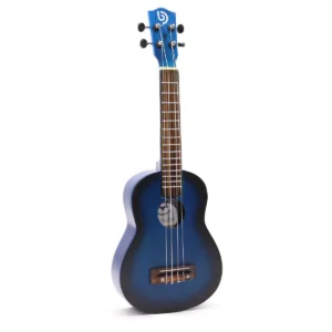 Blå sunburst ukulele med fyra strängar och hantverksmässig finish