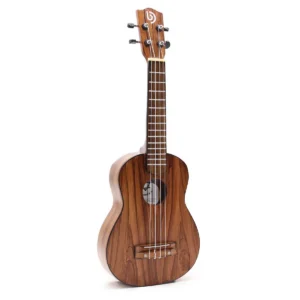 Ukulele med naturlig träfinish och fyra strängar stående mot vit bakgrund