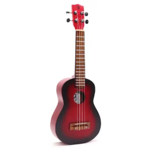 Röd och svart solbränd ukulele med fyra strängar och träbro