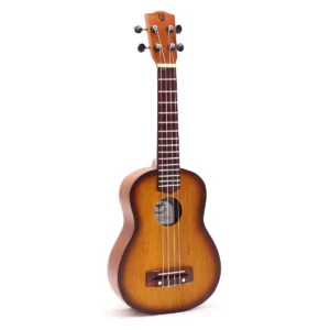 Ukulele med orange sunburst-finish och fyra strängar