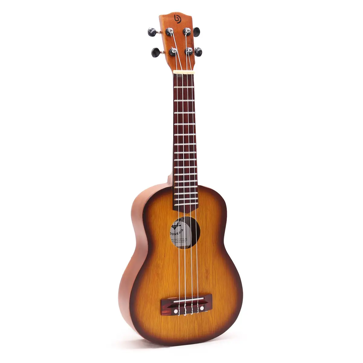 Ukulele med orange sunburst-finish och fyra strängar