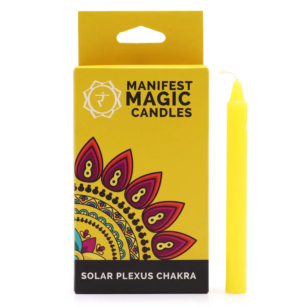 Gult manifestationsljus och förpackning med solar plexus-chakra-design