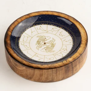 Mini skål i mangoträ med stjärntecknet Fiskarna och astrologiska symboler