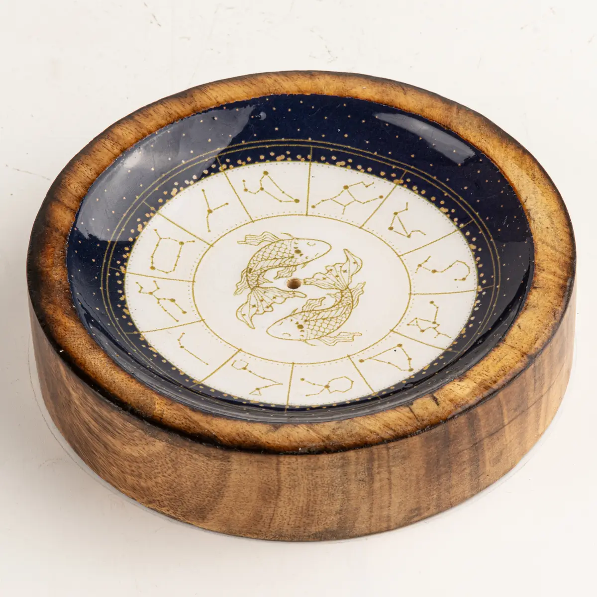 Mini skål i mangoträ med stjärntecknet Fiskarna och astrologiska symboler
