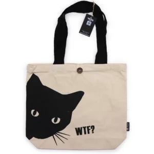 Beige tygkasse med svart kattmotiv och svart handtag