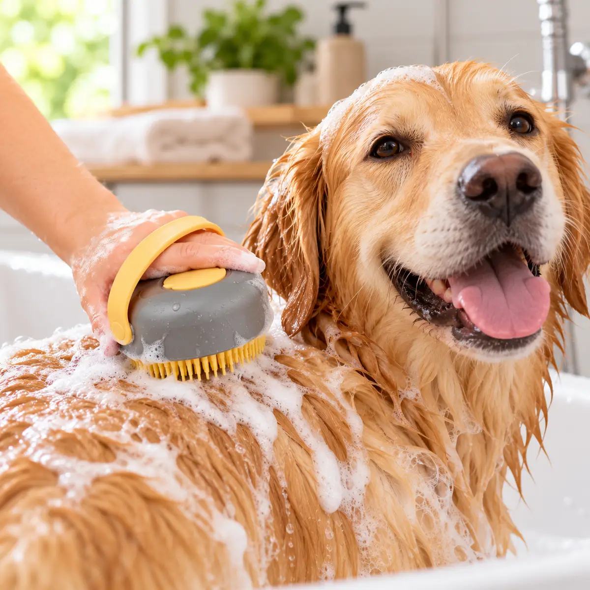 Hand som masserar en blöt golden retriever med en grå och gul badborste med silikonborst och schampo