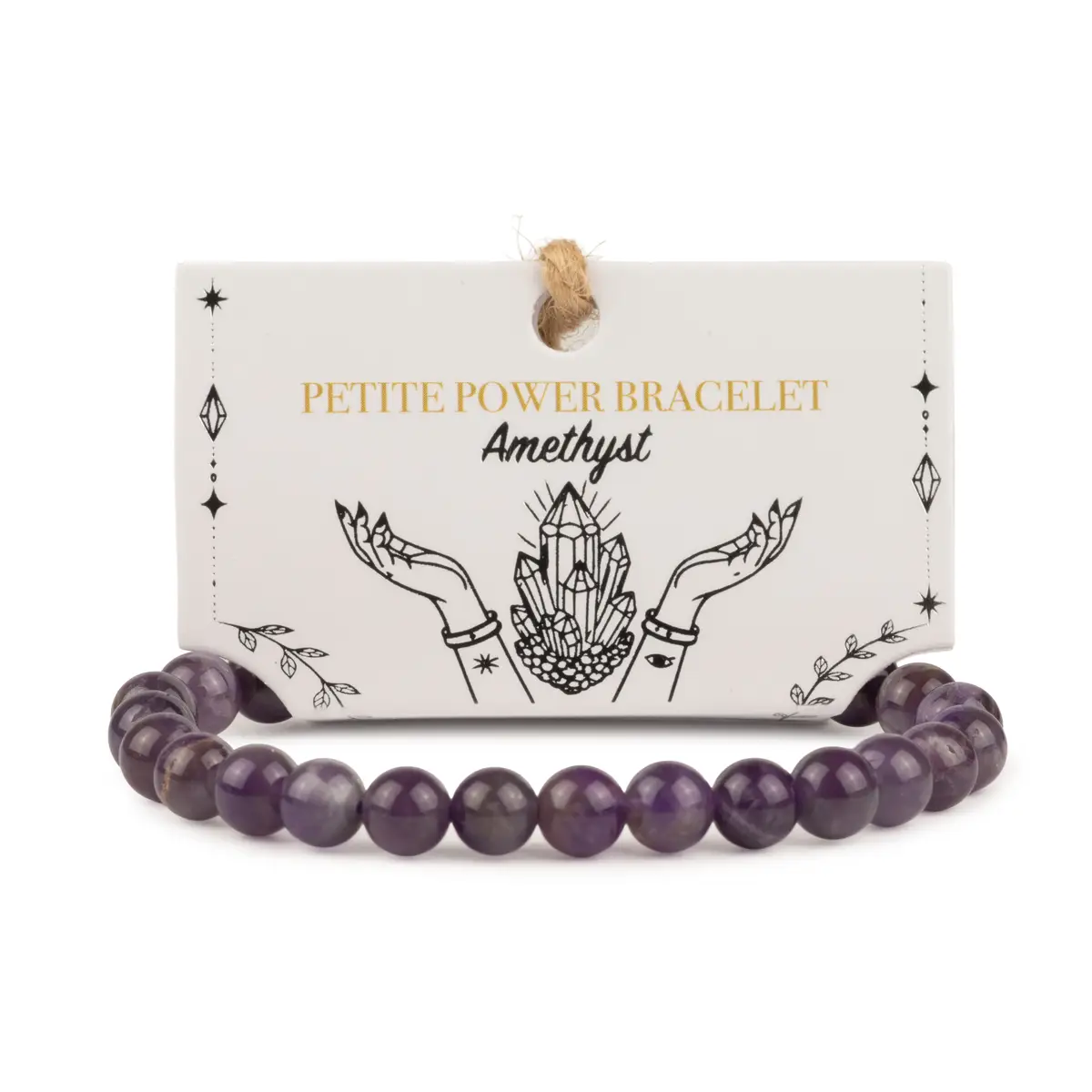 Petite armband med polerade ametistpärlor på illustrerat presentkort