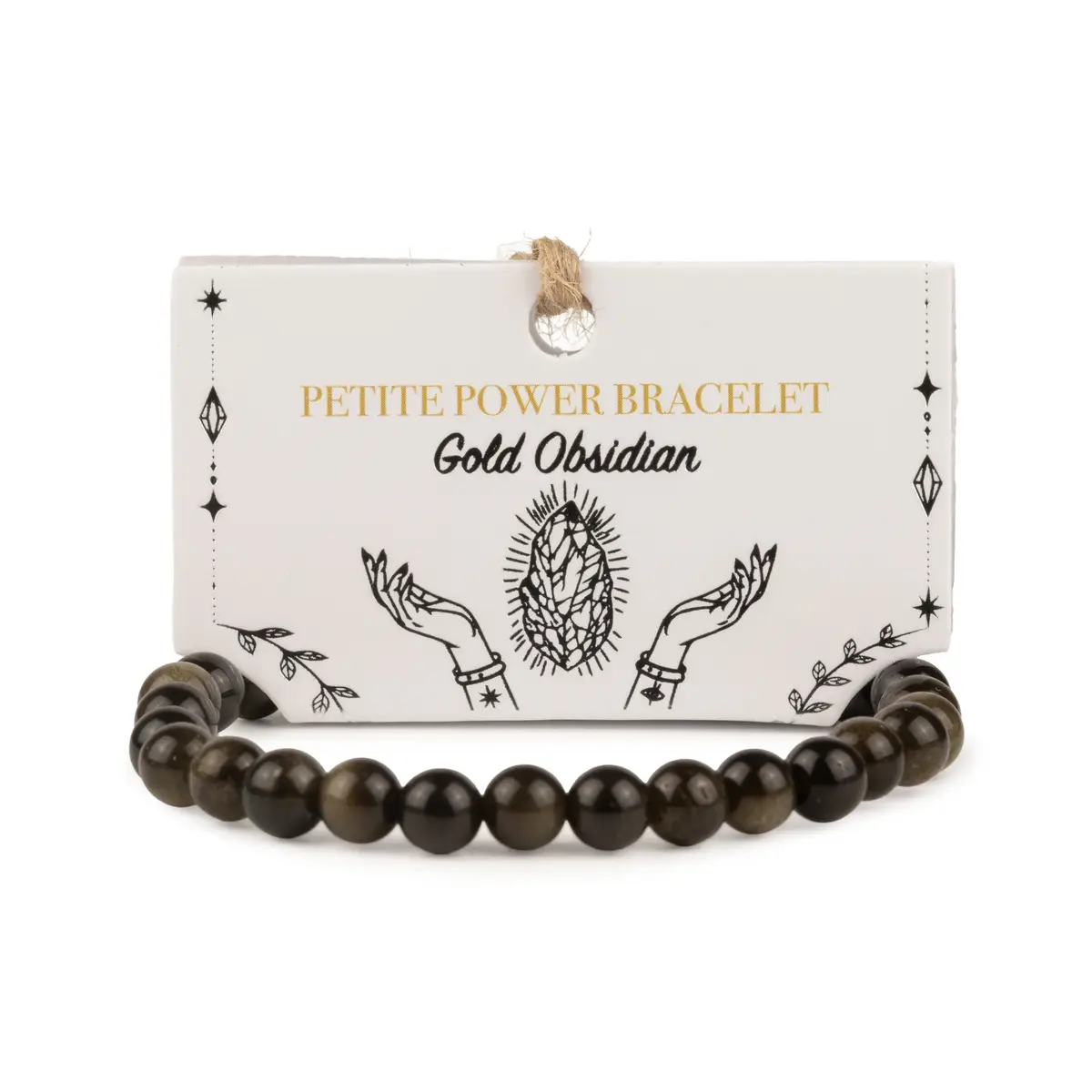 Petite armband med polerade gul obsidian-pärlor på illustrerat presentkort