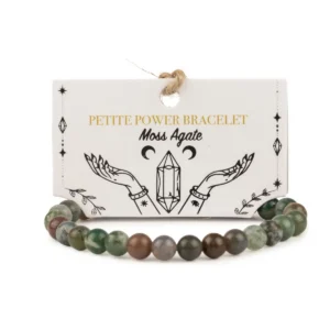 Petite armband med mossagat i polerade runda pärlor i gröna och bruna nyanser på illustrerat kort
