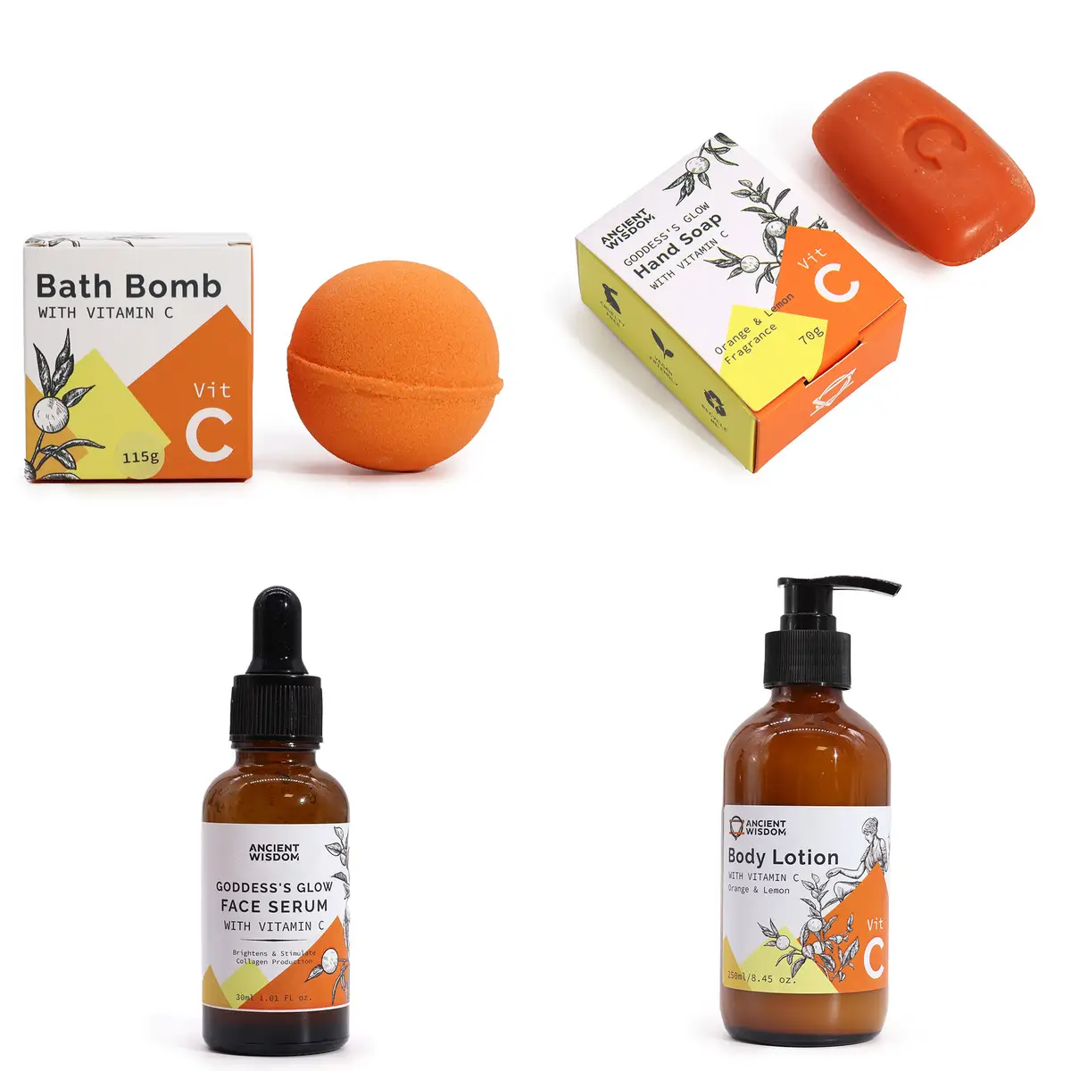 Produktpaket med badbomb, handtvål, ansiktsserum och kroppslotion med vitamin C och citrusdoft