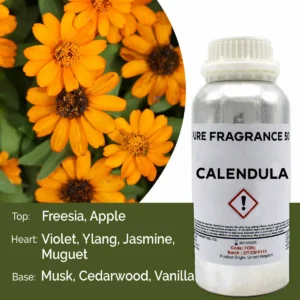 Aluminiumflaska med ren doftolja och orange calendulablommor
