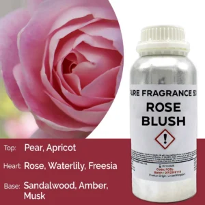 Flaska med Rose Blush doftolja och närbild på rosa ros
